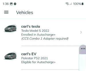 screen shot showing Polestar is "eligible" for autocharge plus