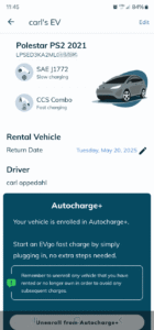 screen shot showing the rental car enrolled in autocharge plus