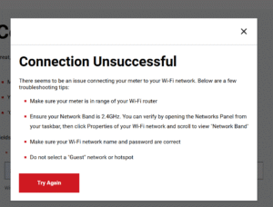screen shot showing "Connection Unsuccessful"